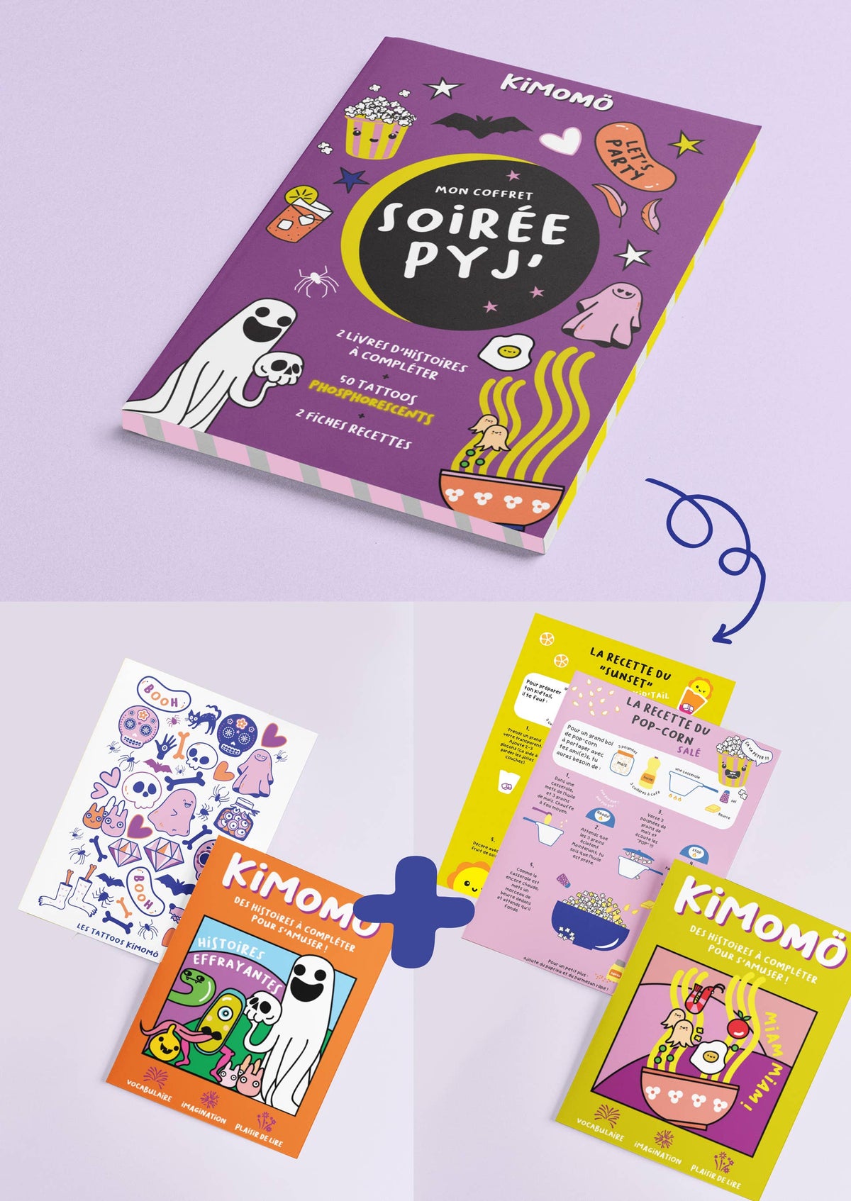 Coffret Soirée Pyjama Enfant – Histoires à compléter, Recettes & Tatouages phosphorescents