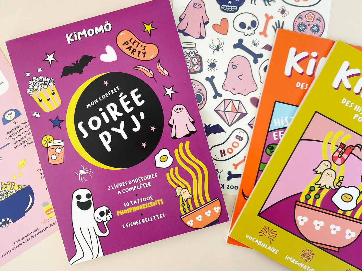 Coffret Soirée Pyjama Enfant – Histoires à compléter, Recettes & Tatouages phosphorescents